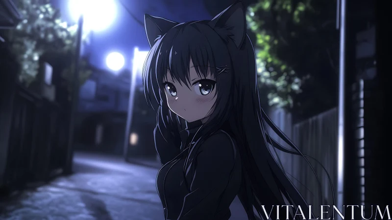 Gentle cat-eared girl strolling through a quiet moonlit street.