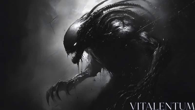 Nightmare xenomorph emerging through fractured shadows.
