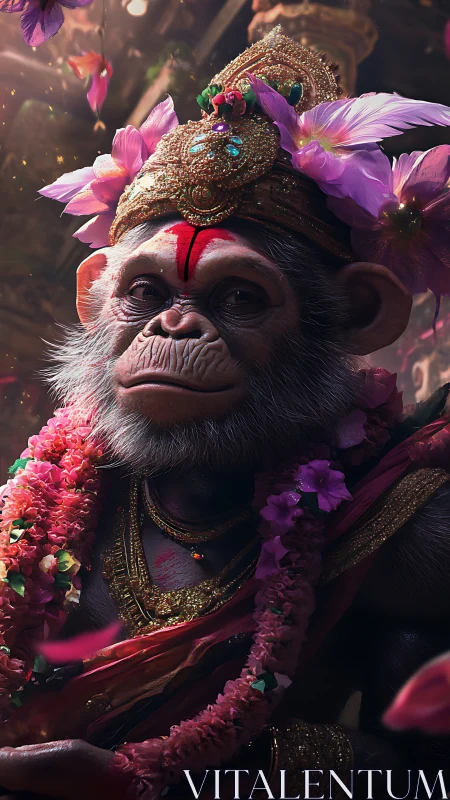 Regal monkey deity adorned with flowers and golden finery.