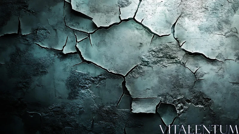 Weathered cracked wall texture in moody teal lighting, abstract art.