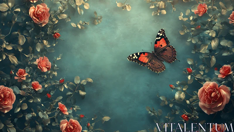 Butterfly hovers centrally within dense rose foliage field