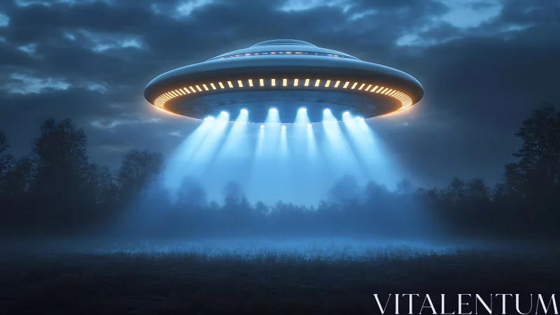 Low-altitude disc-shaped UFO with volumetric beams at dusk