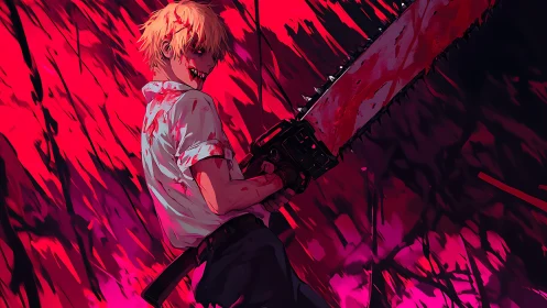 Blood-soaked chainsaw wielder rendered in dynamic red lighting