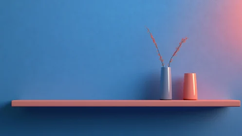 Minimalist shelf with dual vases under soft bicolor lighting