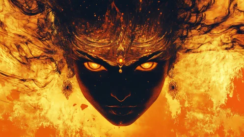 Flaming orange digital portrait shows intense glowing eyes