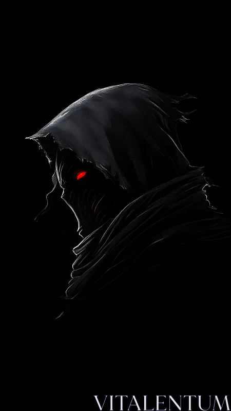 Hooded dark figure with red glowing eye in profile view.