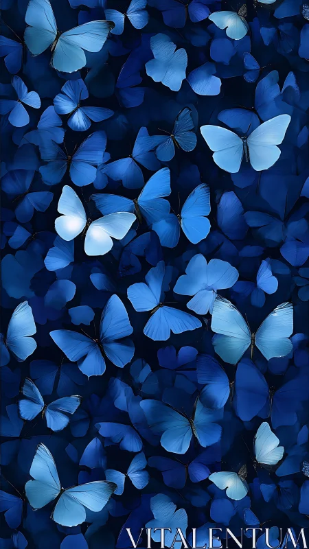 Layered indigo butterflies in vertical ornamental layout.