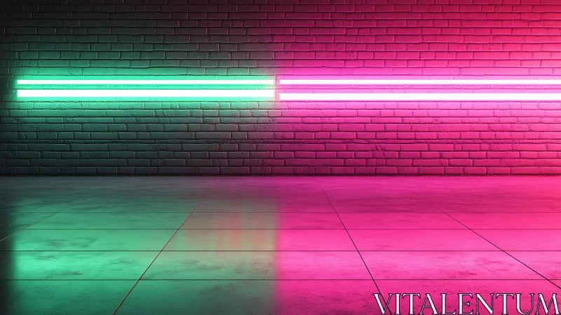 Bicolor neon wall wash on tiled floor with brick backdrop