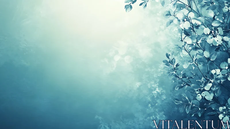 Teal floral branches glow against soft abstract light.