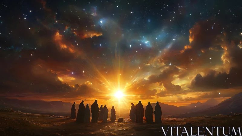 Robed figures watch radiant sunrise under starry sky.