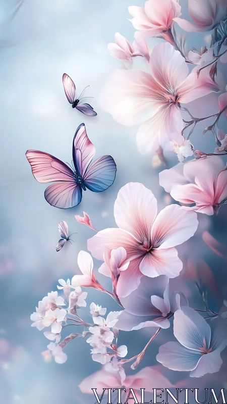 Soft-focus gradient butterflies orbit pastel blossoms in airy bokeh