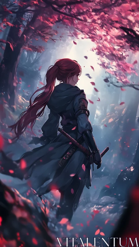 Red haired swordswoman in forest with falling petals.