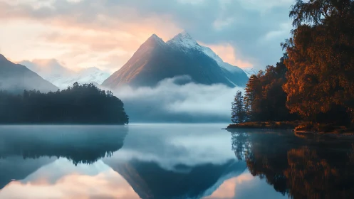 Snowy mountain and lake reflection at soft sunrise light.