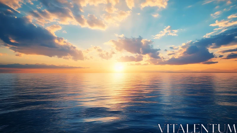 Sun sets over calm ocean horizon under scattered clouds