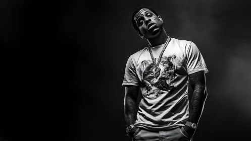 Monochrome hip-hop portrait with dramatic side lighting.