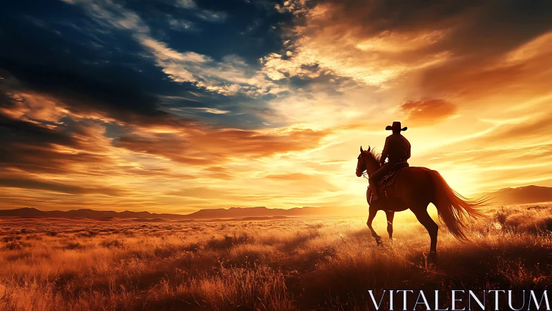 Lone cowboy rides into a wildfire sunset over golden plains.