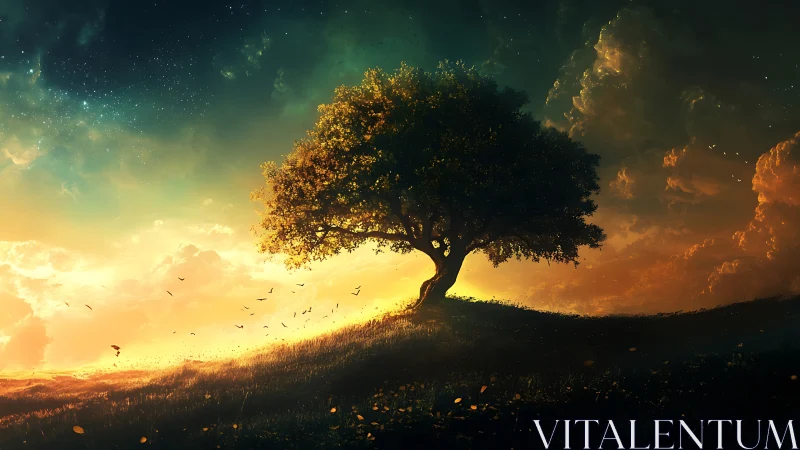 Lone hillside tree glowing beneath a celestial dusk sky.