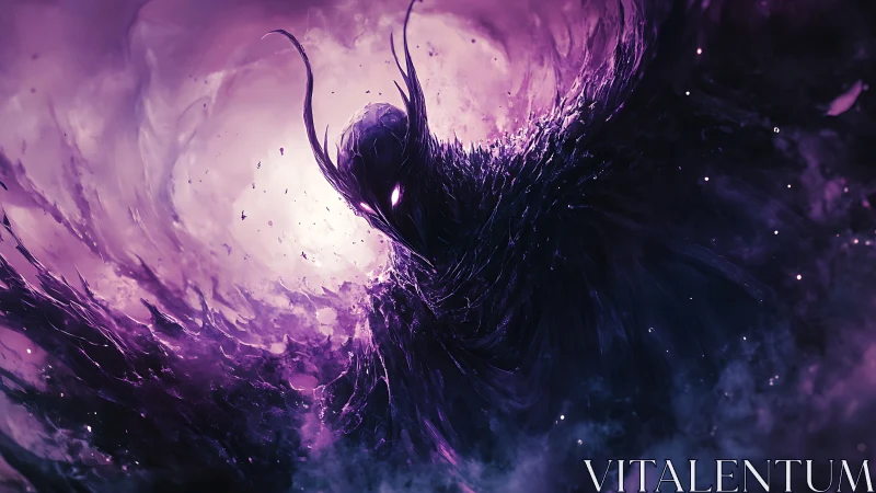 Cosmic void entity emerging through swirling violet nebula