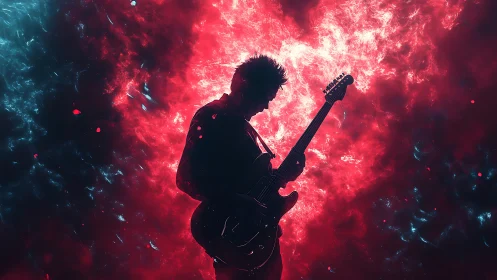 Electric guitarist lost in glowing red and blue dreamscape.