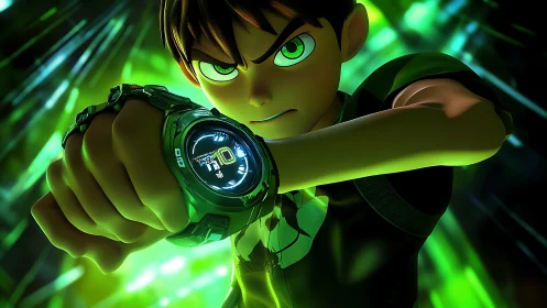 Young hero raises glowing watch in bold green energy.