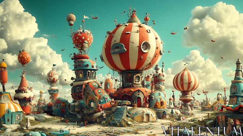 Playful balloon-topped village bustles under bright skies