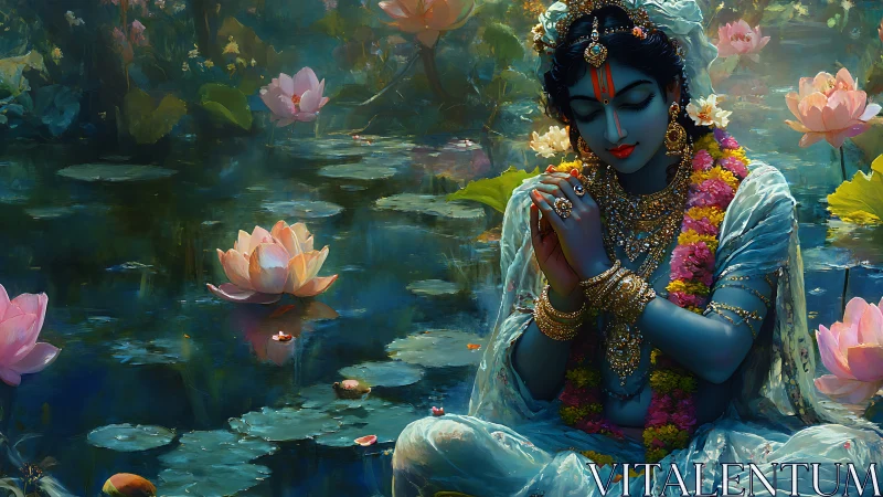 Blue-skinned deity in lotus pond with detailed ornaments.