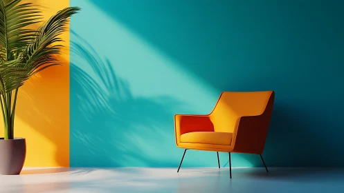 Sunny corner chair and palm in playful color harmony.