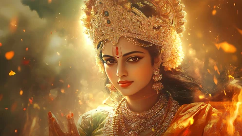 Divine goddess portrait in radiant golden firelit ambiance.