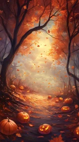 Autumn Forest Pathway with Jack-O'-Lanterns Under Luminous Canopy.