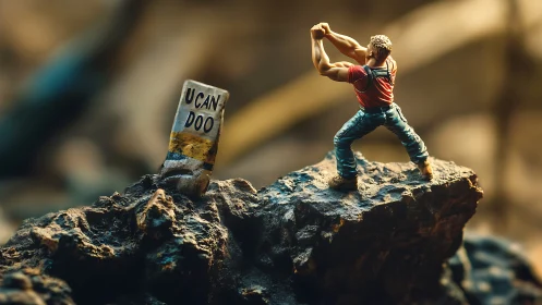 Tiny action hero lifts spirits with a bold U CAN DOO sign