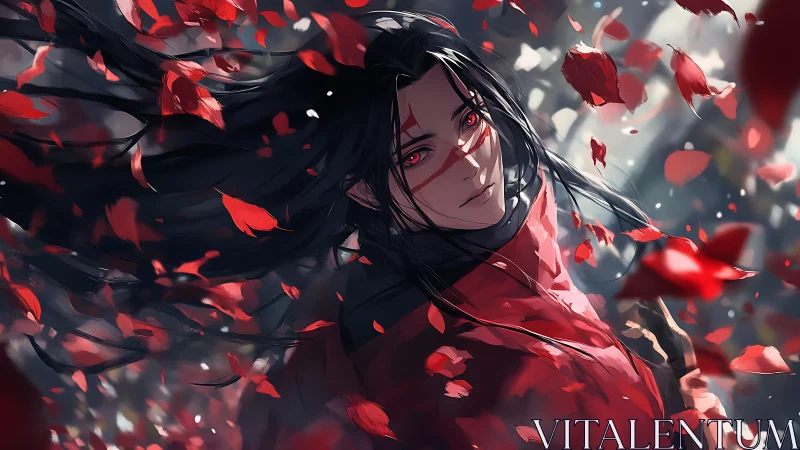 Scarlet petals orbit a silent warrior with ember-bright eyes