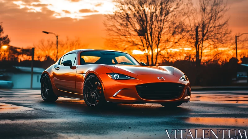 Orange Mazda coupe parked on wet pavement at sunset glow