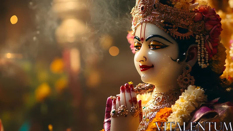 Divine Krishna idol glows in warm temple incense light