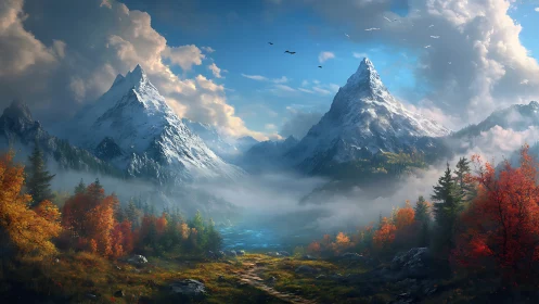 High dynamic range alpine valley with mist, lake and snow peaks