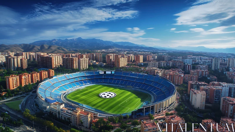 Sunlit football stadium encircled by dense city skyline and hills