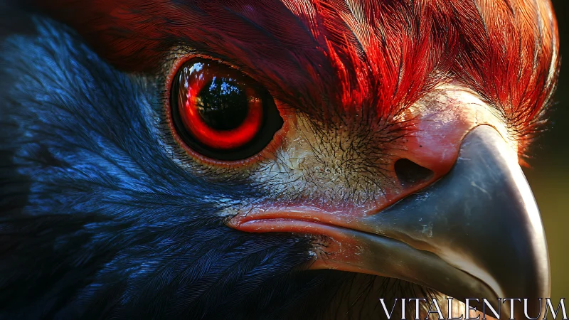 Close-up of Exotic Bird with Vivid Red and Blue Feathers, Realistic Style.