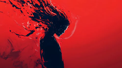Silhouetted figure rendered in dark strokes on red field