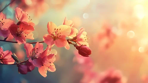 Pink and salmon-colored flowers on branch with diffused bokeh background.