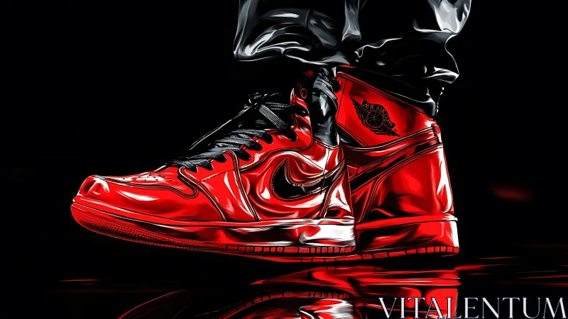 Red and black high top sneakers in glossy digital style.