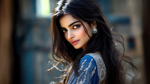 Elegant woman in traditional blue attire, cinematic portrait style.