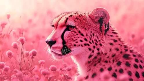 Pink Cheetah: Surreal Digital Portrait in Monochromatic Landscape