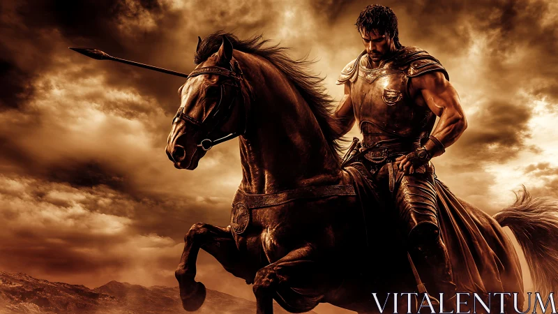 Armored rider on rearing horse under dense sepia clouds