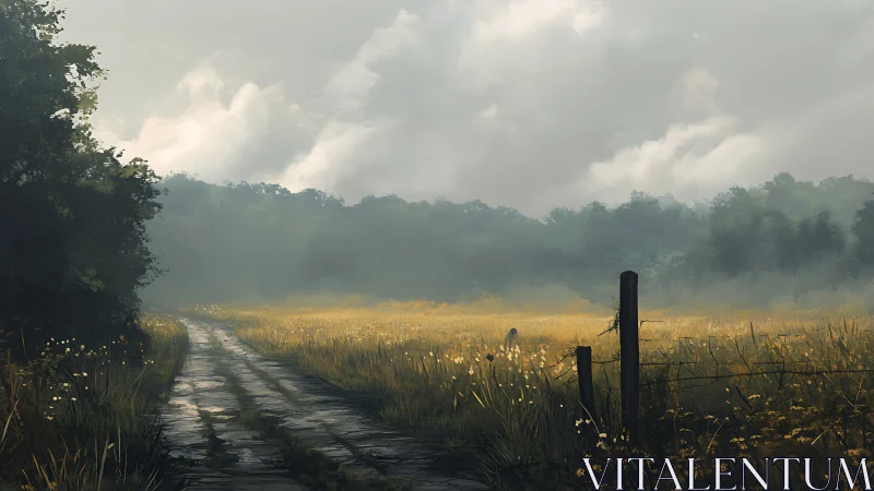 Sunlit country path winding through a quiet misty meadow.