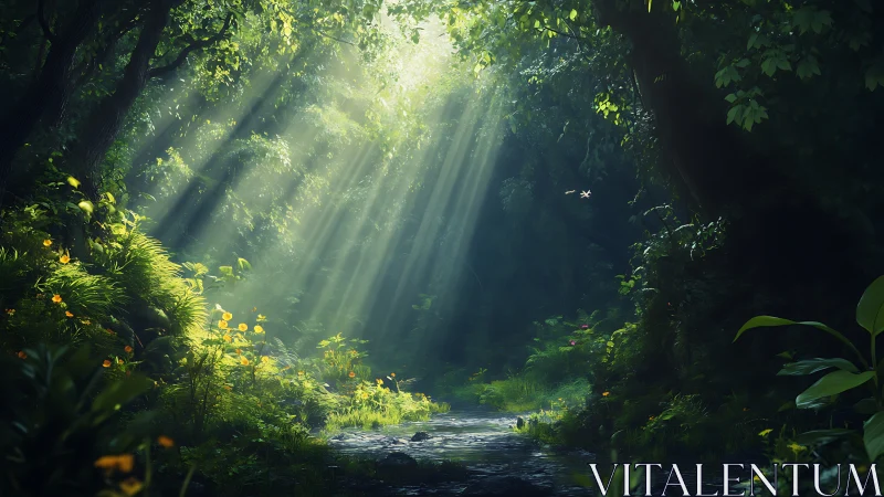 Forest Stream with Crepuscular Light Rays and Verdant Canopy.