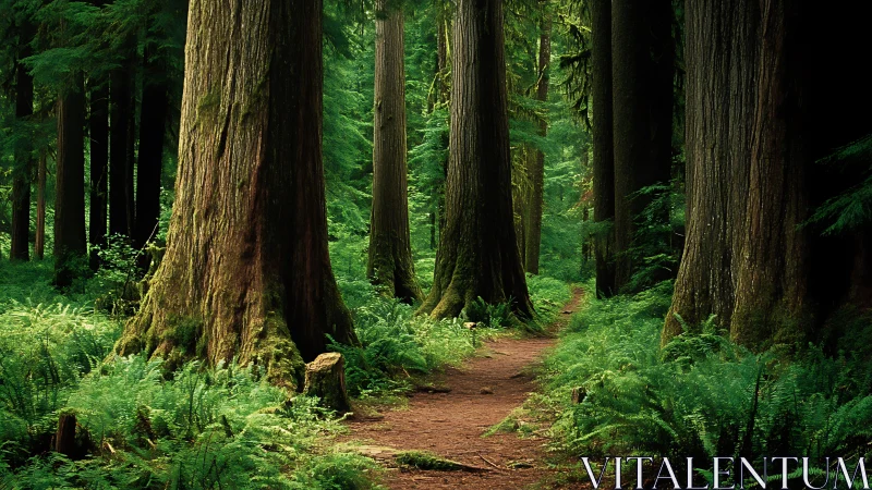Tranquil Forest Path Surrounded by Towering Ancient Trees.