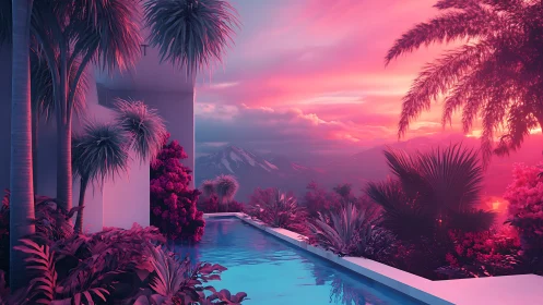 Poolside terrace overlooks distant mountains at sunset