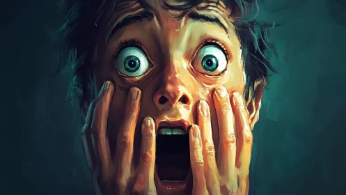 Shock-stricken portrait with wide eyes and vivid brushwork.