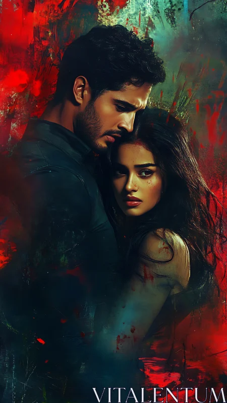 Two Figures in Red-Green Atmospheric Composition with Textured Chiaroscuro Rendering