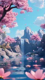 Digital landscape renders a rocky waterfall with blossom trees