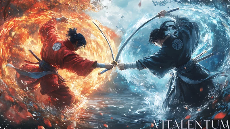 Elemental duel freezes time as fire and water trade blades